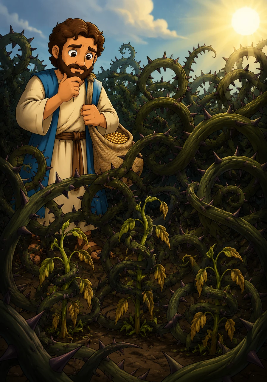 As the thorns grow taller and thicker, they wrap their prickly vines around the young plants and steal all the sunlight and nutrients. The tender stalks are eventually choked out by the shadows, unable to survive the crowded and hostile surroundings.