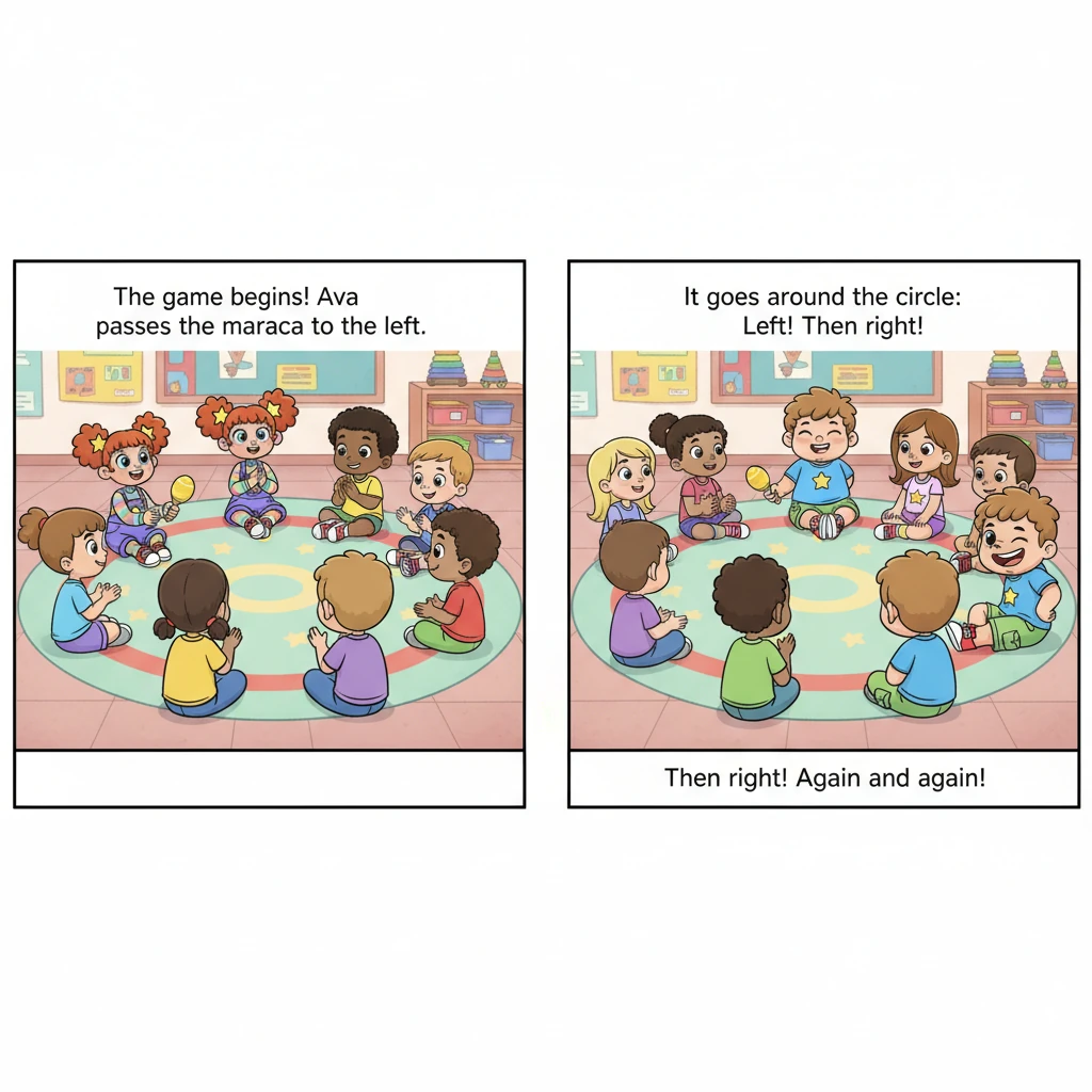 Bright Star School friends gather in a big, cheerful circle on the colorful rug. Ava, with a bright yellow maraca, smiles from her spot on the left, while Noah, with an eager grin, waits patiently on the right. Everyone understands the fun game of passing the maraca left, then right, again and again.
