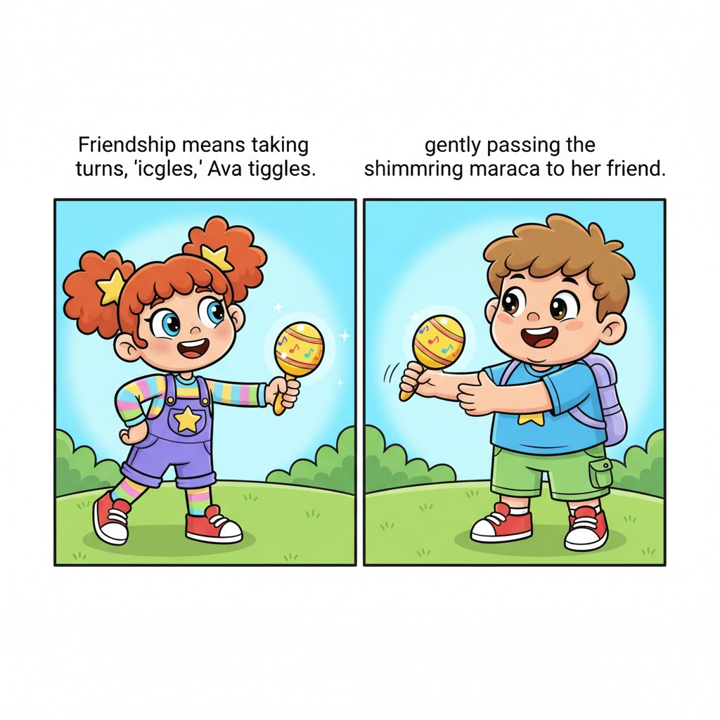 “Friendship means taking turns,” Ava giggles, gently passing the shimmering maraca to her friend on her left. The friend beams, reaching out with soft, welcoming hands, ready to continue the musical journey around the circle.
