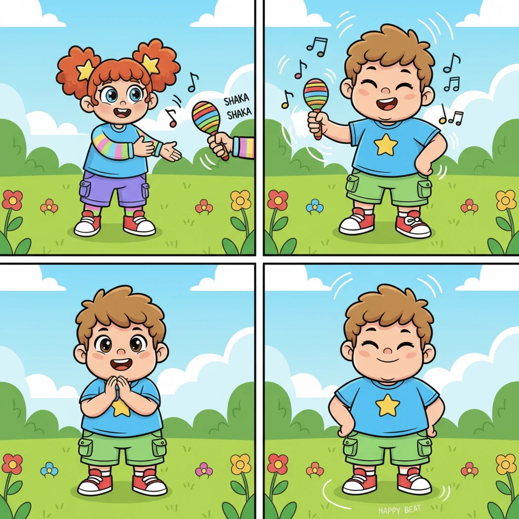 “Friendship means paying attention,” Noah adds, his eyes sparkling as he receives the maraca from his right, a little 'shaka-shaka' sound echoing softly. The rhythmic sound becomes a happy heartbeat in their playful circle.