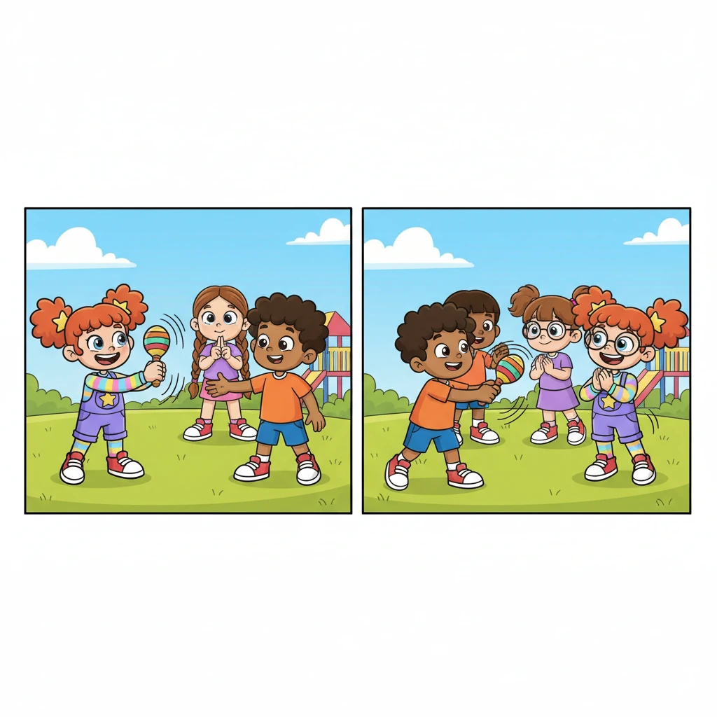 The maraca dances around the circle, left, right, left, right, a joyful blur of motion and sound. Each friend offers a happy nod, a quiet thumbs-up, or a knowing grin as the maraca passes their way, a silent cheer for teamwork.