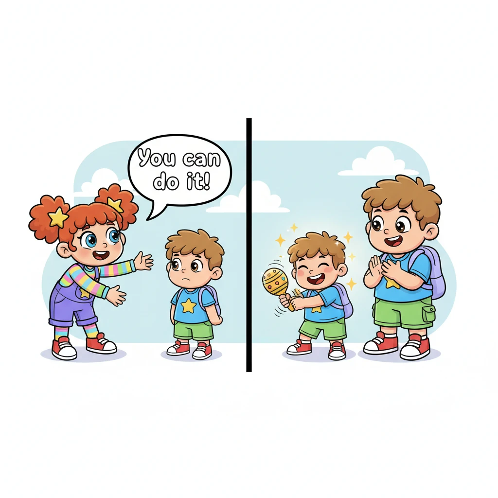 Encouragement bubbled from the left, a gentle 'You can do it!' from Mia. Kindness flowed from the right, a warm, reassuring smile from Sam. Laughter quickly blossomed, and Leo's confidence began to sparkle like the maraca.