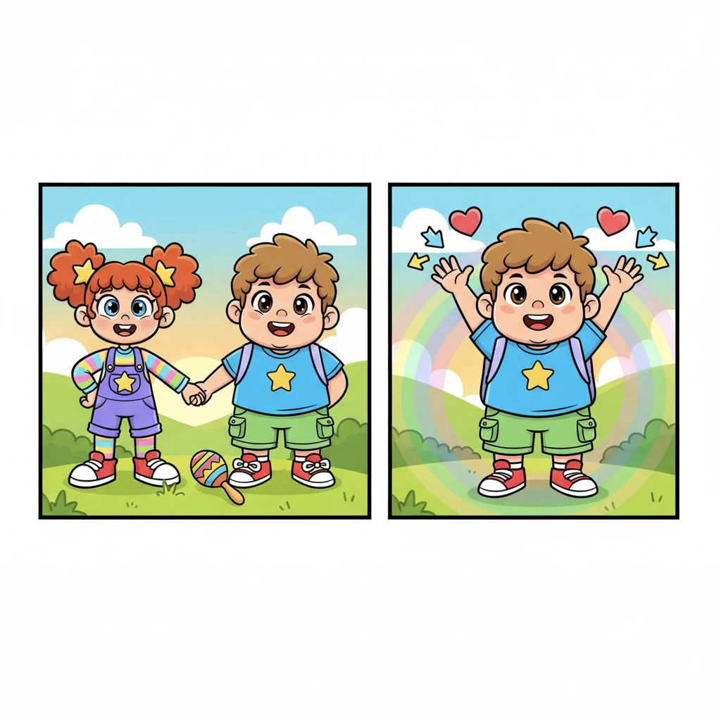 As the game ended, the friends linked hands, their smiles wide and bright. They all agreed that friendship belonged everywhere – left, right, up, down, and all around their hearts. The maraca rested peacefully, its happy jingle a memory of true friends shared left and right.