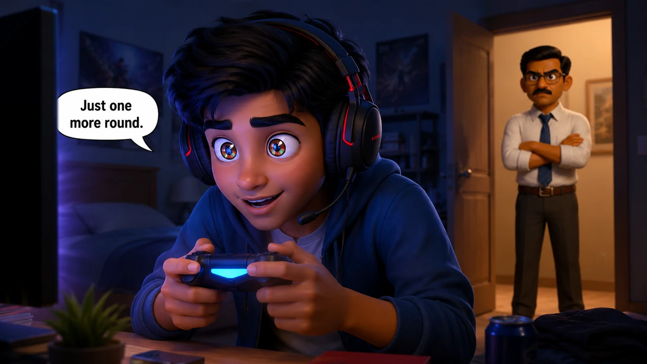 Leaning in close to the screen, Kaveen's wide eyes reflected the vibrant, flashing lights of the fantasy game world. 'Just one more round,' he whisper