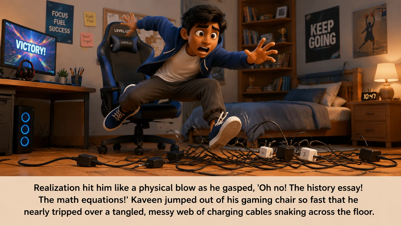 Realization hit him like a physical blow as he gasped, 'Oh no! The history essay! The math equations!' Kaveen jumped out of his gaming chair so fast t