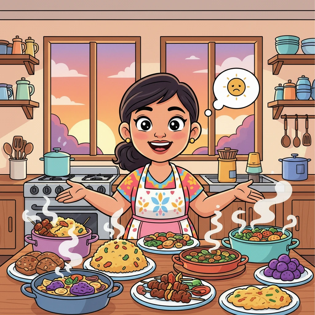 Ate Sari, with a radiant smile, stands in her bustling kitchen, surrounded by steaming pots and pans filled with delicious Filipino dishes. Though she loves to cook and share, sometimes after a big meal, she feels a little sluggish, her energy dipping like a setting sun.