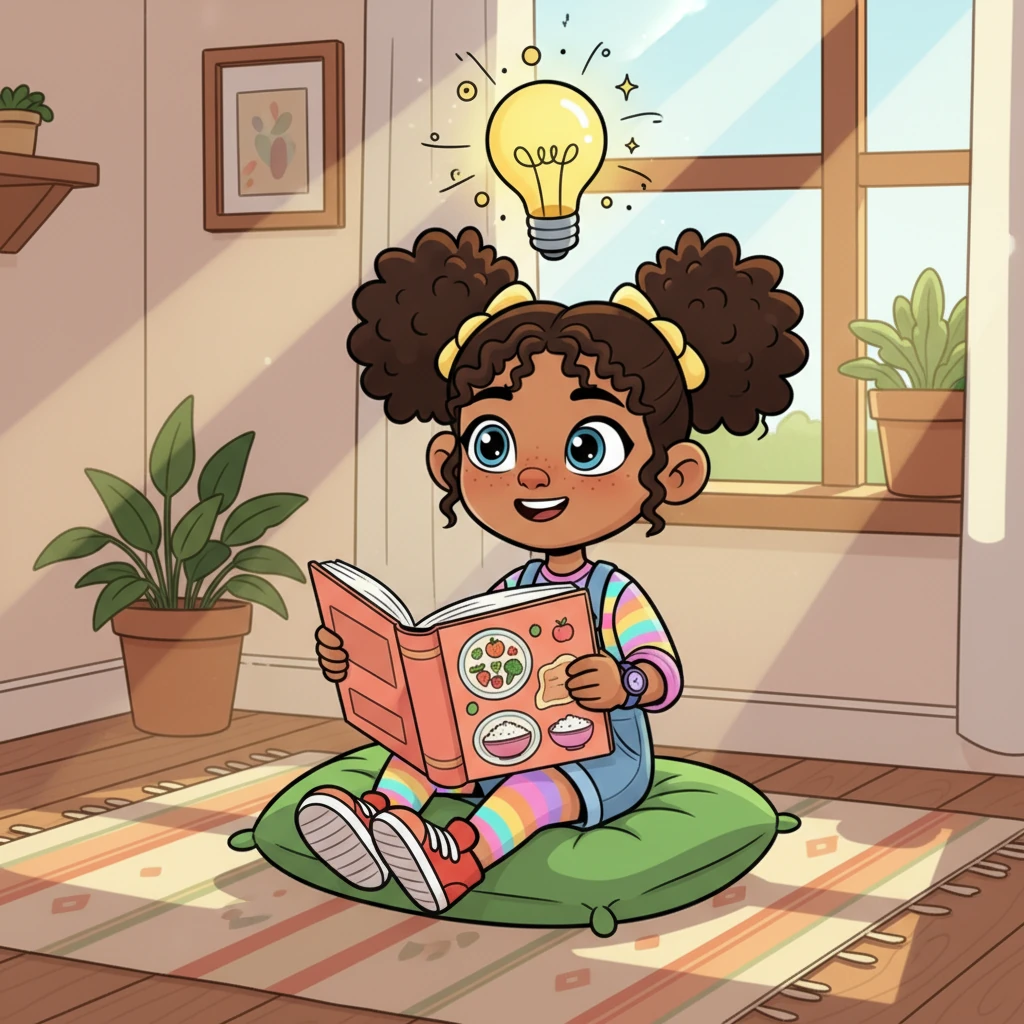 One sunny afternoon, Ate Sari settles down with a brightly colored book titled 'Healthy Eating in the Philippines.' As she reads about balanced meals and blood sugar, a whimsical lightbulb glows above her head, sparking a brilliant new idea for her cooking.