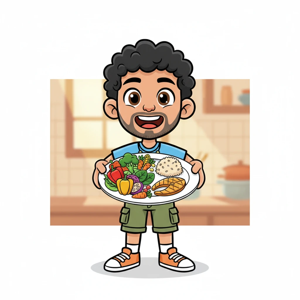 With a cheerful flourish, Ate Sari demonstrates the 'Plate Method,' holding up a vibrant plate piled high. Half of it bursts with colorful vegetables, a quarter holds a perfectly grilled fish, and the last quarter features a small, wholesome scoop of brown rice, showing how easy healthy portions can be.