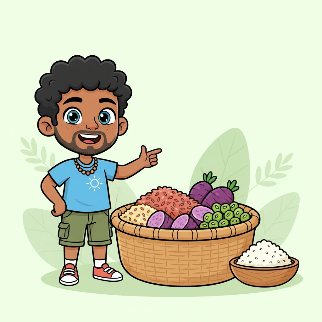 Ate Sari proudly points to a woven basket overflowing with brown rice, purple kamote, and plump munggo beans, explaining that these are 'slow-release energy friends' that keep her feeling full and strong. White rice is shown in a smaller, carefully measured portion beside them.