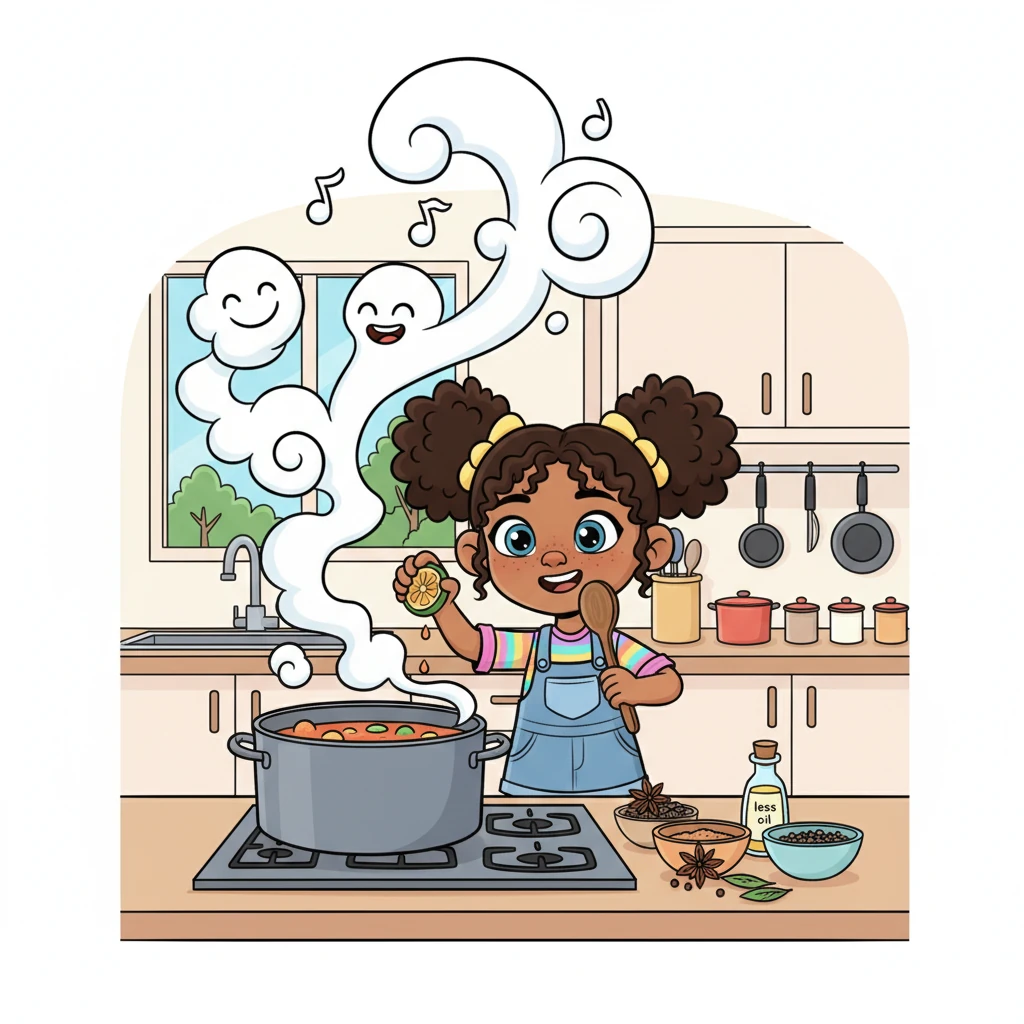 In her kitchen, Ate Sari playfully transforms a classic adobo, using less oil and skipping the added sugar, instead relying on tangy calamansi and aromatic spices. Wisps of steam curl from the pot in happy, dancing shapes, promising a healthier, yet equally delicious, meal.