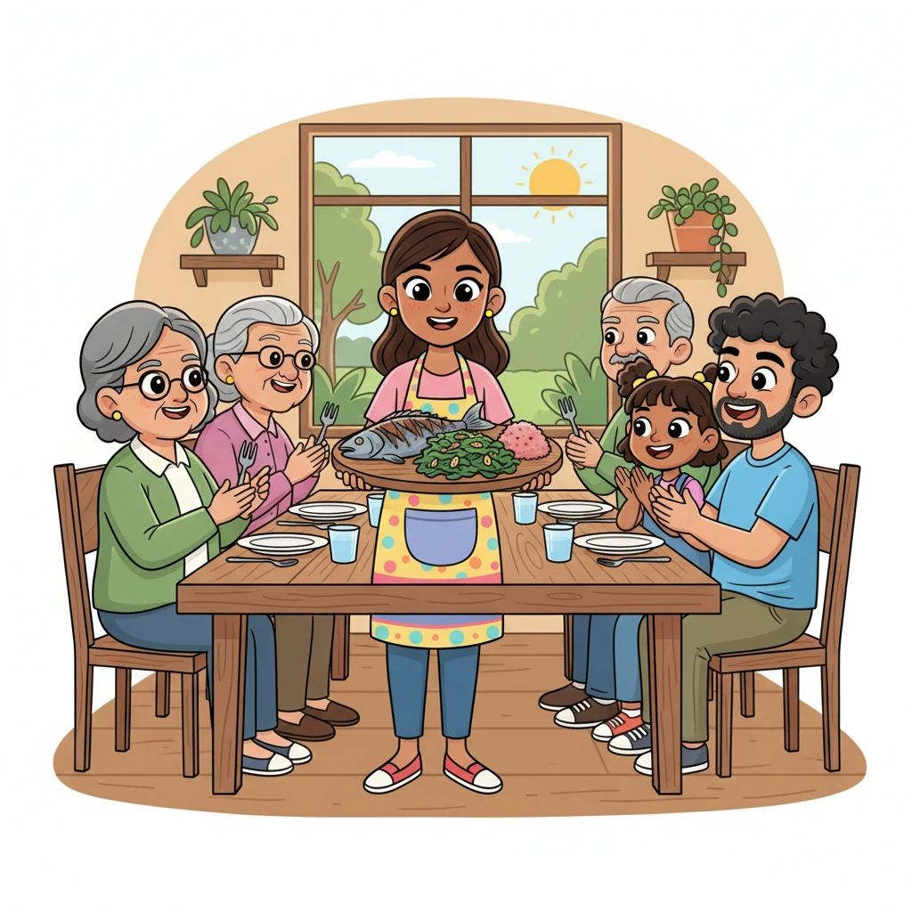 Ate Sari joyfully shares her new creations with her friends and family, presenting a platter of succulent grilled bangus, vibrant sautéed kangkong, and a modest serving of red rice. Everyone at the table smiles, savoring the delightful and nutritious flavors together.