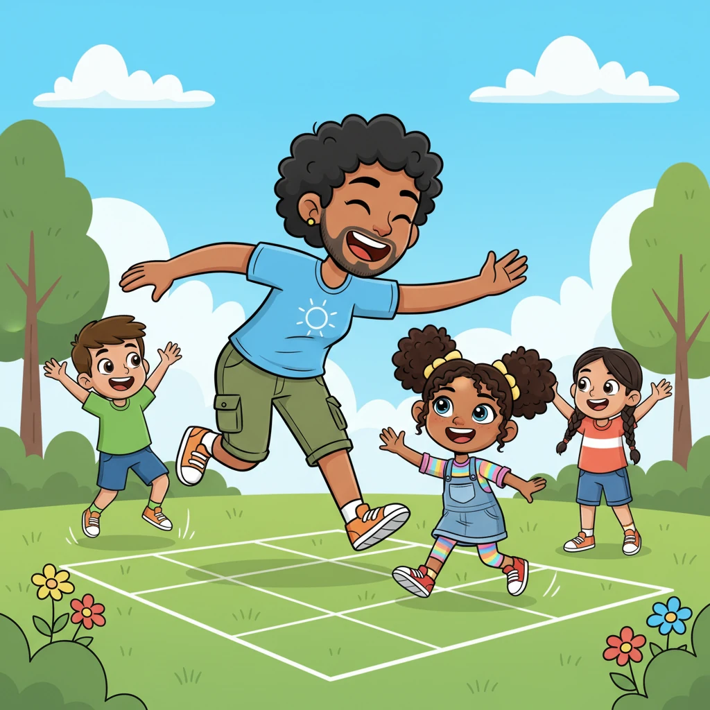 Feeling energized, Ate Sari is seen laughing and playing a lively game of patintero with children in a sunny park, her dynamic pose capturing the sheer fun of physical activity. Her movements are fluid and full of life, showing that healthy bodies love to move.