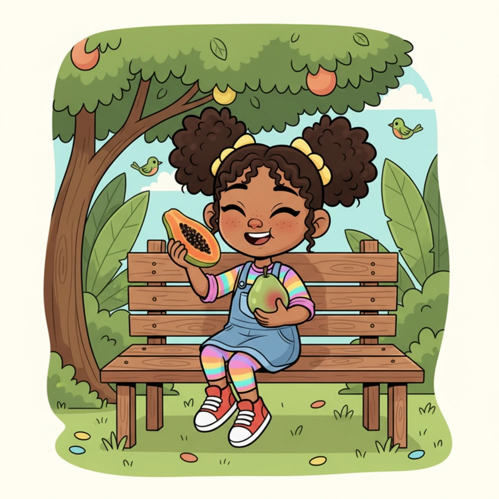 For a sweet treat, Ate Sari savors a perfectly ripe slice of papaya and a juicy guava, emphasizing that nature's candies are wonderful in moderation. Her expression is one of pure contentment, enjoying the simple, natural sweetness.