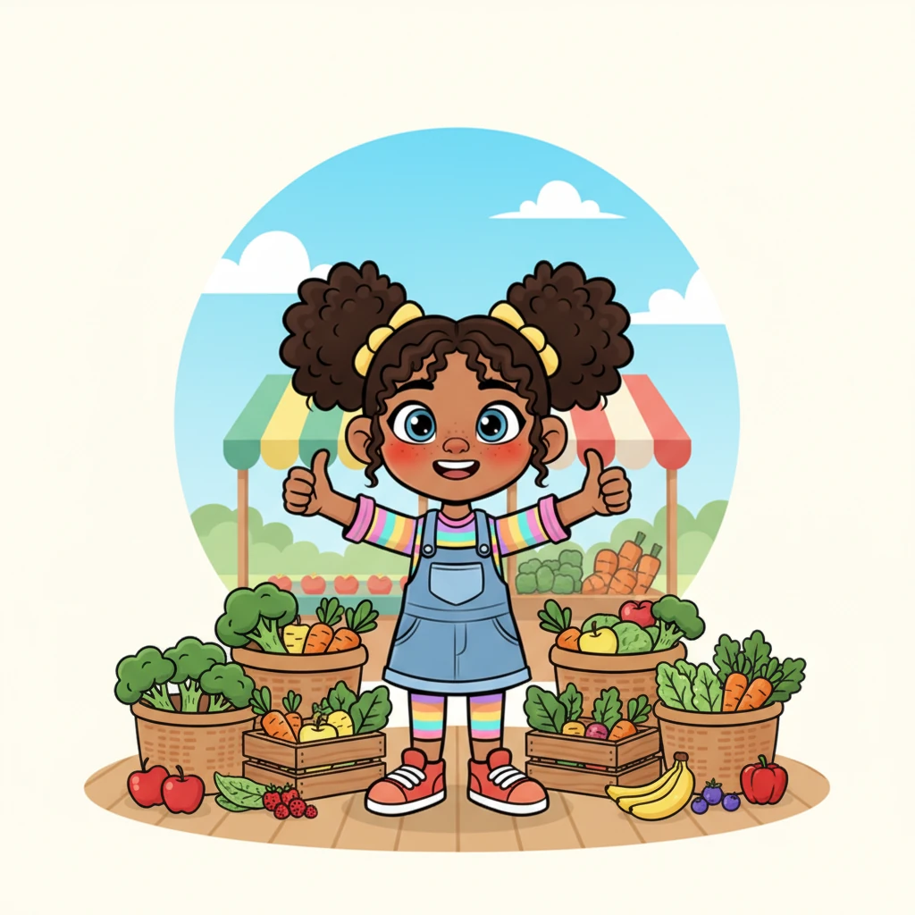 Radiating health and happiness, Ate Sari stands tall, surrounded by an abundance of fresh, colorful ingredients, her cheeks rosy with vitality. She gives a big, enthusiastic thumbs-up, a testament to her newfound energy and well-being.