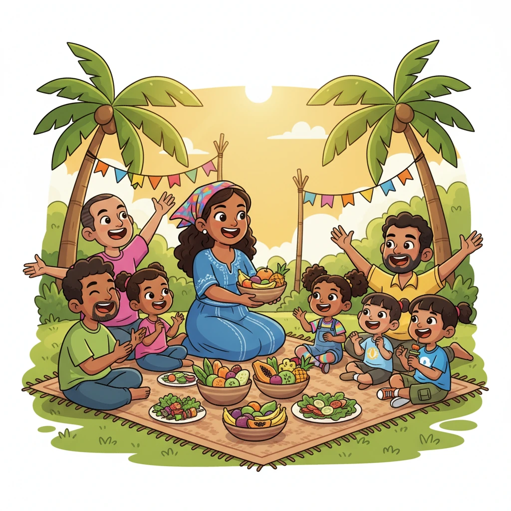 Ate Sari gathers with her community under the warm Philippine sun, sharing a delicious and healthy outdoor meal. Everyone is smiling, their faces bright with joy, embodying a sustainable and joyful lifestyle embraced by all.