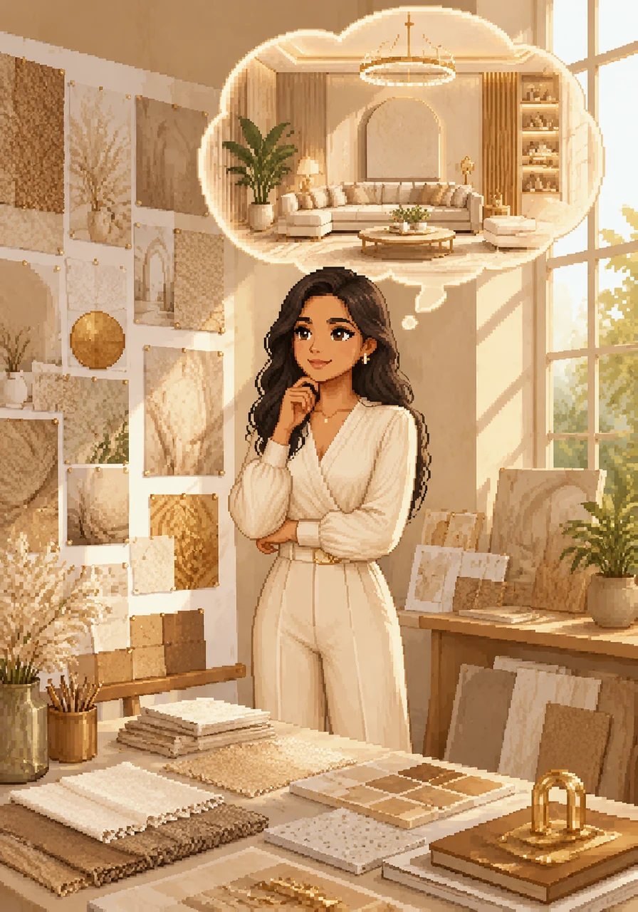 Keerthi stands in her sunlit studio, surrounded by mood boards filled with beige textures and golden accents. She envisions a space that isn't just a room, but a lifestyle brand called Glow that radiates warmth and elegance.