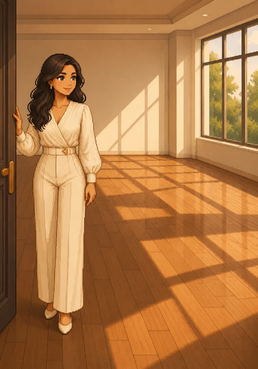 She steps into a spacious, empty living room where the afternoon sun paints long shadows across the hardwood floors. This blank canvas is the perfect place to bring her vision of modern editorial design to life.