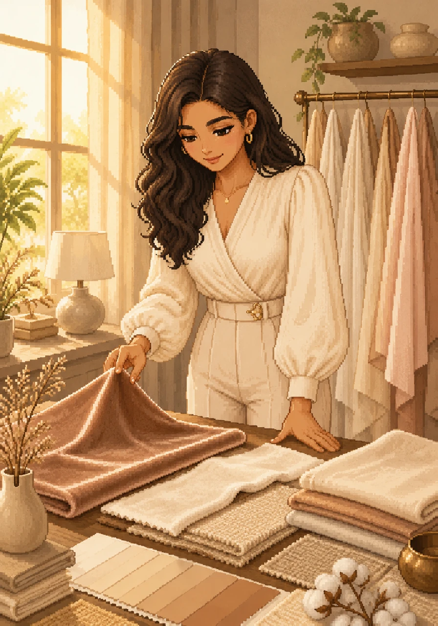 Keerthi carefully selects a palette of soft cream, nude tones, and organic fabrics to create a sense of natural warmth. She touches a swatch of premium velvet, imagining how it will feel under the soft glow of the morning light.