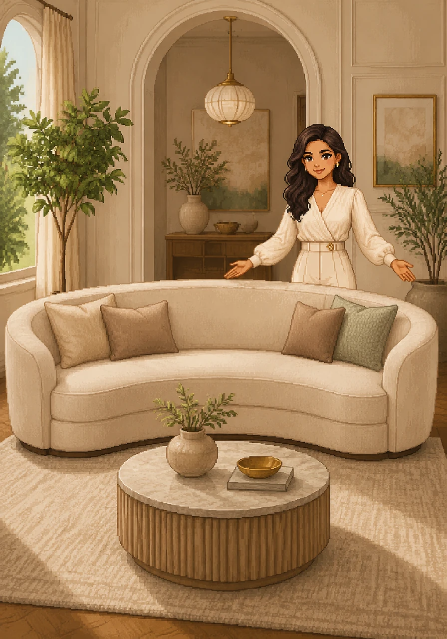 A magnificent, curved sofa in a light oatmeal shade is carefully positioned in the center of the room. It becomes the heart of the space, promising both sophisticated comfort and a high-end Pinterest aesthetic.