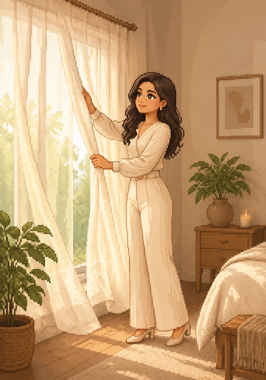 Keerthi hangs sheer, flowing curtains that catch the natural sunlight, diffusing it into a soft, ethereal haze. The room begins to breathe, feeling like a serene sanctuary tucked away from the busy world outside.