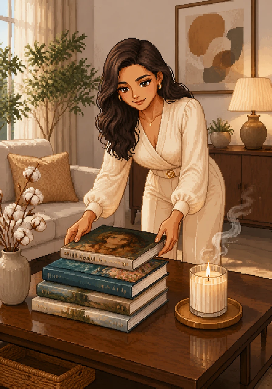 On the coffee table, she places a curated selection of art books and a single, elegant candle that fills the air with a gentle scent. These small details add a layer of personal story and refined sophistication to the interior design.