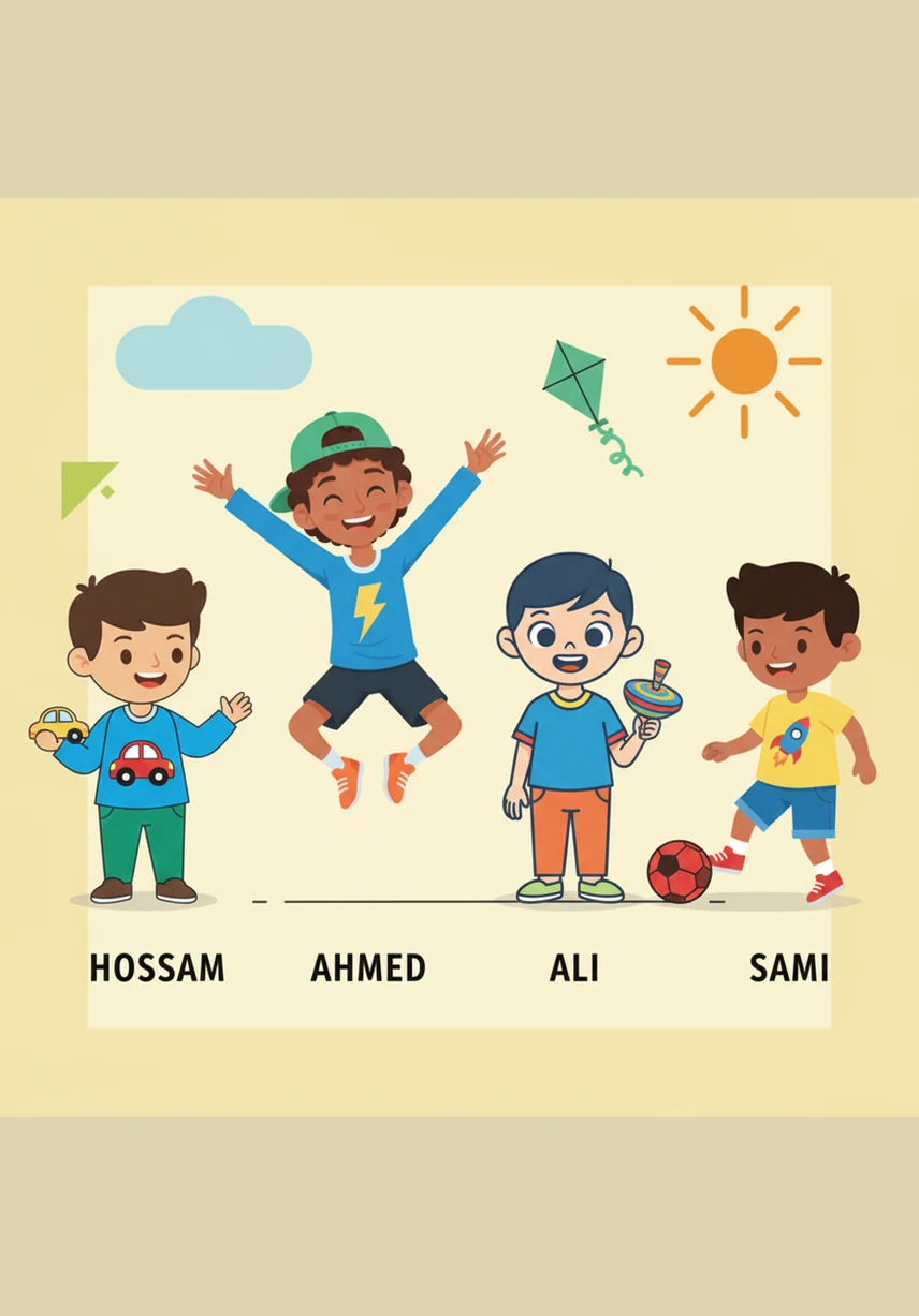 حسام وأصدقاؤه أحمد وعلي وسامي يلعبون بسعادة عند بيت الشجرة. كانت الشمس ساطعة في السماء والجو جميلاً جداً.