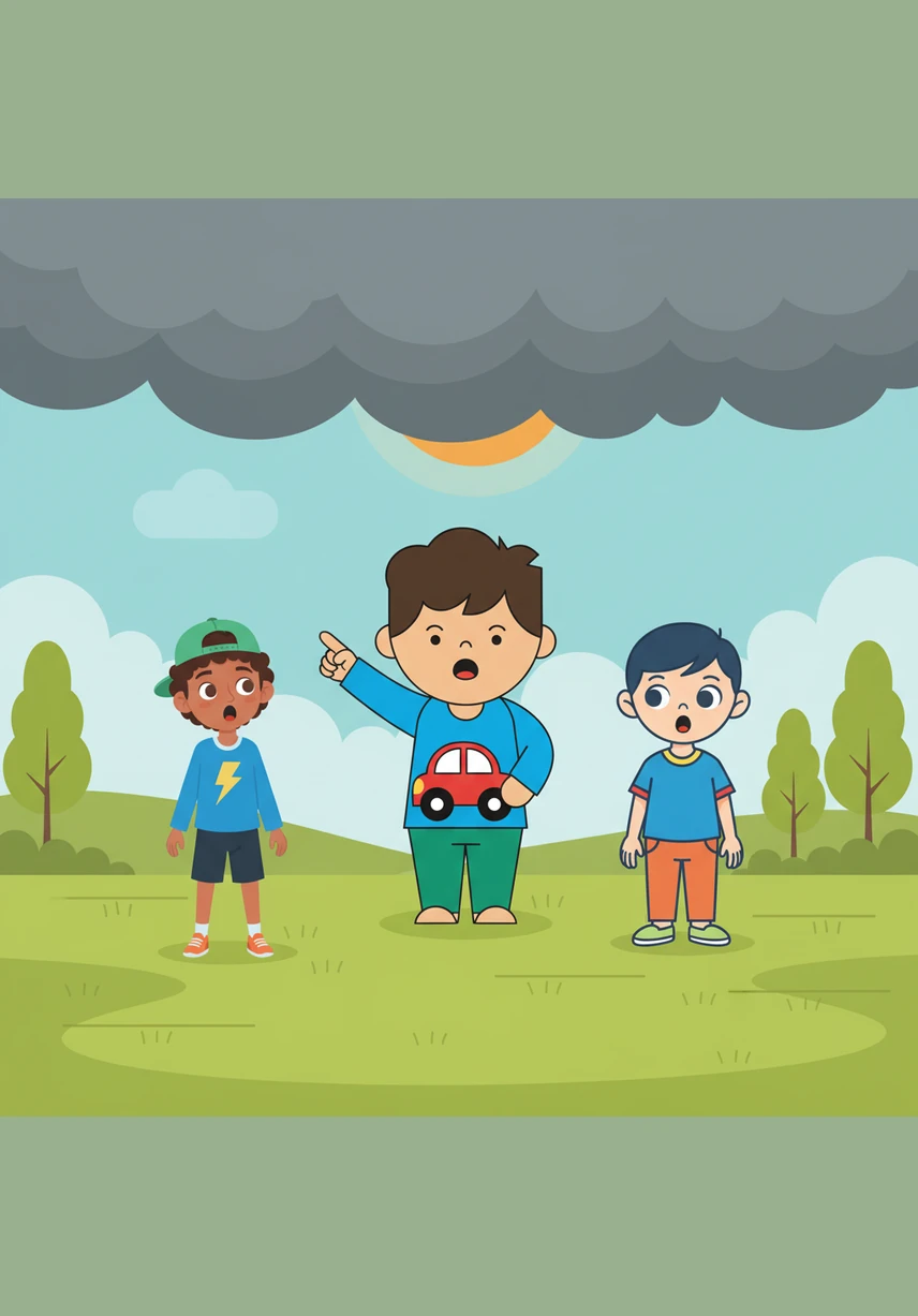 فجأة ظهرت غيمة كبيرة في السماء وبدأت تغطي الشمس. قال حسام: انظروا، هذه غيمة رمادية كبيرة تقترب منا.