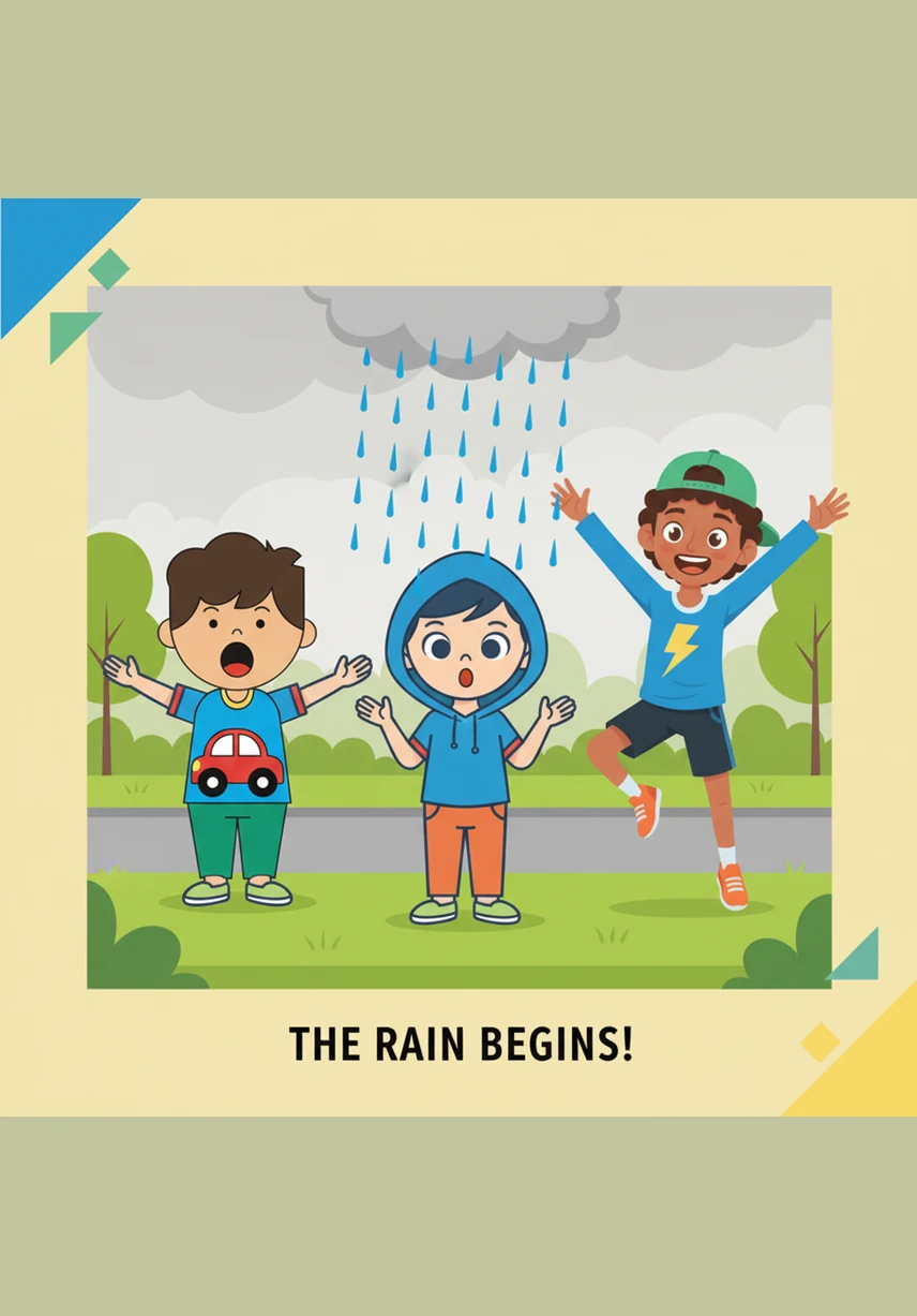 بدأ المطر ينزل وسقطت أول قطرة ماء على يد حسام. نظر حسام إلى يده وقال: هذه قطرة من السماء.