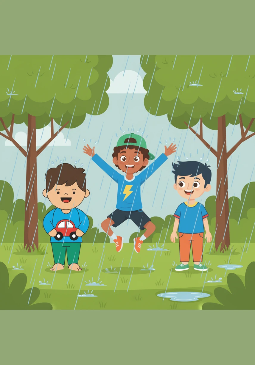 تساقطت قطرات كثيرة من المطر على الأشجار والأرض. أصبح العشب الأخضر مبللاً وجميلاً تحت قطرات الماء المتساقطة.