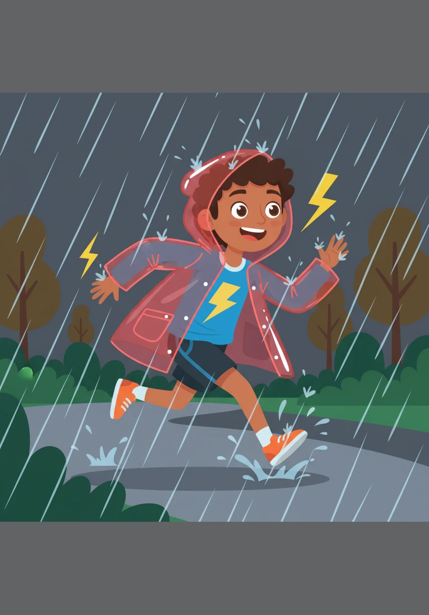 أحمد يجري في المطر وهو يضحك بصوت عالٍ. أصبحت ملابس أحمد مبللة بالماء لكنه يشعر بالمرح والسعادة.