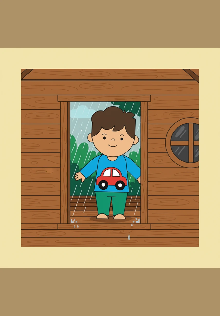 دخل حسام في بيت الشجرة الخشبي بسرعة ليحمي نفسه. حسام الآن في مكان جاف ولا تصل إليه قطرات المطر.