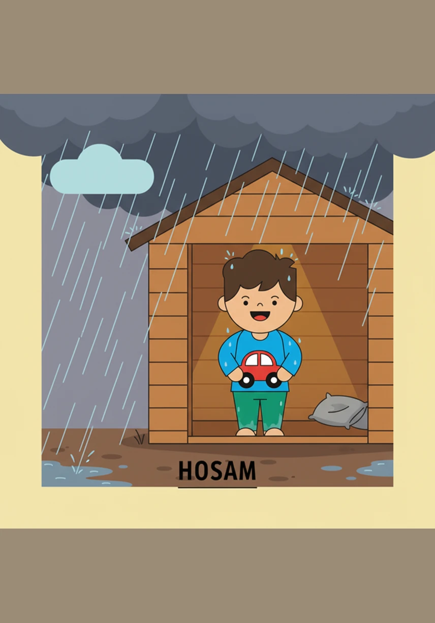 نادى حسام أصدقاءه بحب: تعالوا إلى هنا يا أصدقائي. هذا البيت جاف ومريح وسوف يحمينا من البلل.