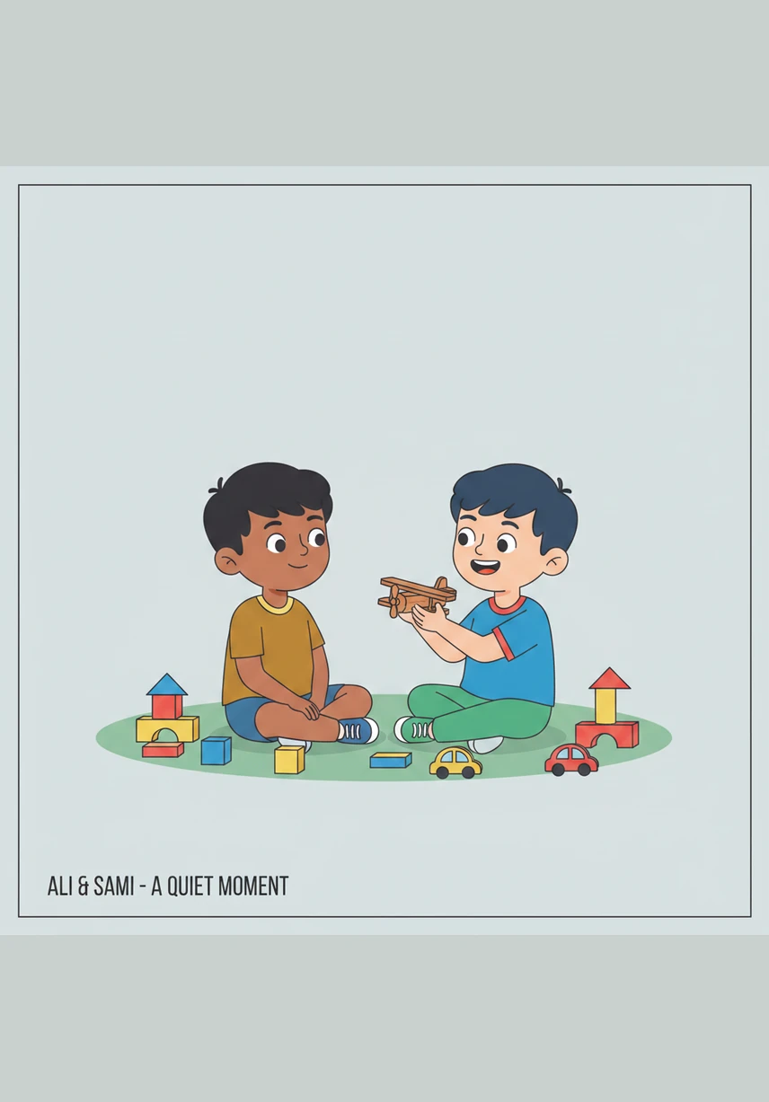 وقف علي وسامي تحت المظلة وهما يشاهدان تساقط المطر. المظلة تحافظ عليهما في مكان جاف بعيداً عن بلل الغيم.