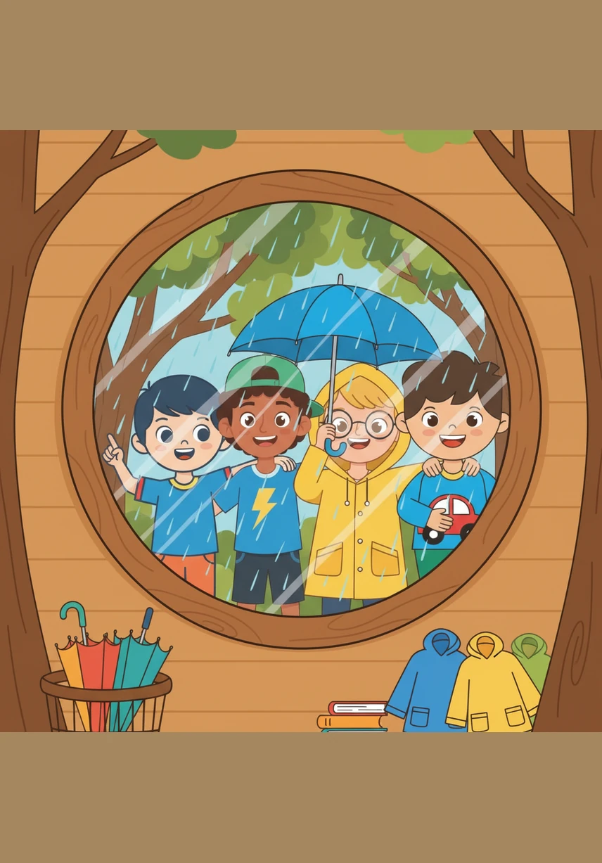 استمتع الأصدقاء الأربعة بمشاهدة المطر من نافذة بيت الشجرة. وفي نهاية القصة، كيف أبقى جافًا تحت المطر؟