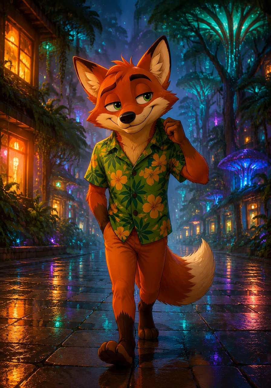 Sly Flynn adjusted his favorite green tropical shirt as he walked through the humid, neon-lit streets of the Rainforest District. The evening mist hung low in the air, catching the colorful glow from the shop windows and towering trees.