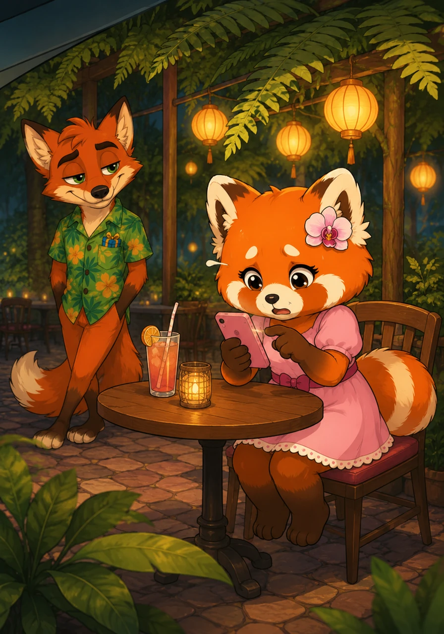 He arrived at a cozy, open-air cafe tucked under a canopy of giant ferns, where glowing paper lanterns swayed gently in the breeze. Sitting at a corner table was Ruby, a fluffy red panda who was busy typing away furiously on her phone, looking a bit stressed from her long day.