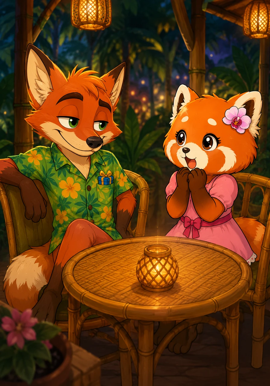 Flynn slid into the bamboo chair across from her, a characteristic sly smirk playing on his lips as his heavy-lidded emerald eyes locked onto hers. Ruby looked up, surprised, her tense expression instantly softening at the sight of her charming companion.
