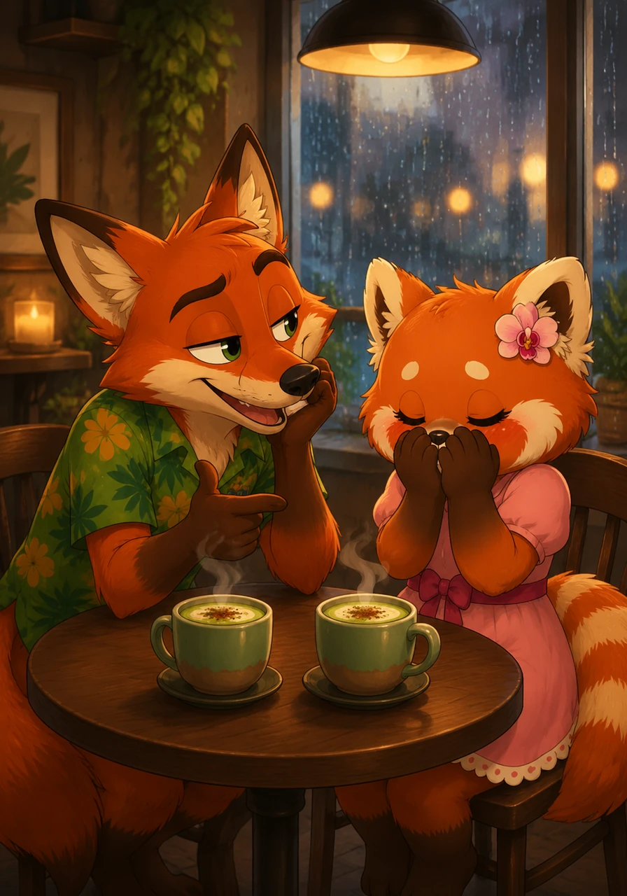 The waiter arrived and placed two steaming mugs of spiced matcha latte between them, the aroma blending perfectly with the fresh scent of rain. Flynn leaned in, making a playful joke that had Ruby covering her face with her paws to hide her sudden laughter.