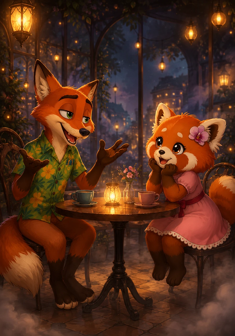 As the night deepened, the ambient mist grew thicker, wrapping the small cafe in a private, magical cocoon away from the rest of the bustling city. Ruby leaned against the table, completely captivated by Flynn's animated storytelling as his expressive eyebrows gestured wildly.