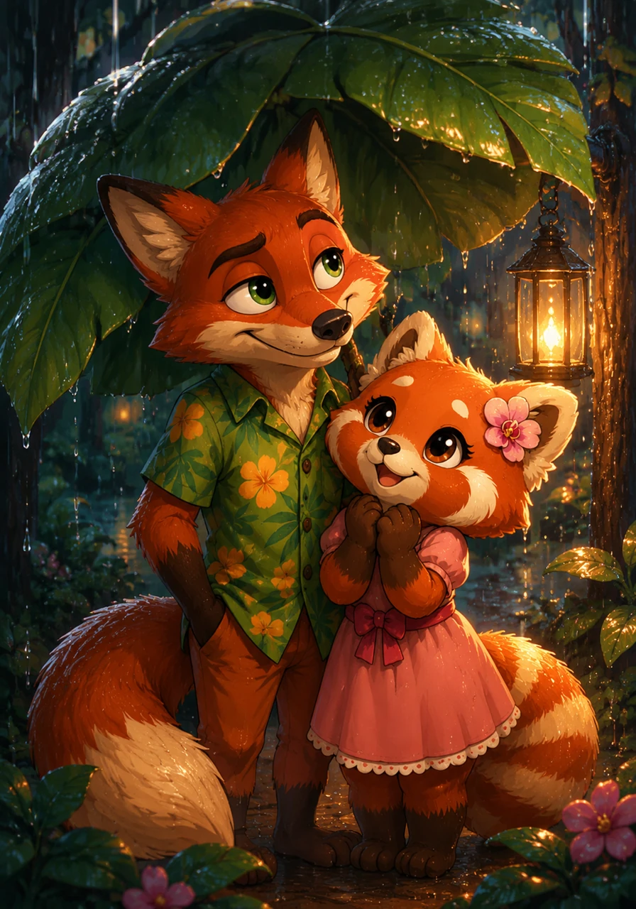 A sudden gentle downpour began to patter against the oversized leaves above them, creating a rhythmic, soothing melody. Instead of rushing inside, they stayed right where they were, safely shielded by the natural canopy while watching the raindrops dance in the lantern light.