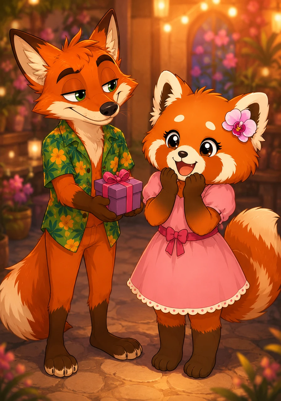 To celebrate the beautiful moment, Flynn reached into his pocket and presented a small, perfectly wrapped box containing a delicate orchid clip. Ruby gasped with delight as she immediately fastened it into her thick red fur, her tail swishing happily.