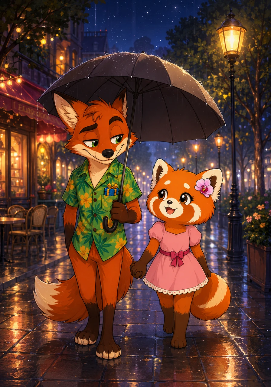 As they finally walked out of the cafe together under a shared umbrella, Ruby realized her stressful day had turned into an unforgettable night. Hand in hand, they vanished into the misty, glowing avenue, already looking forward to their next adventure.