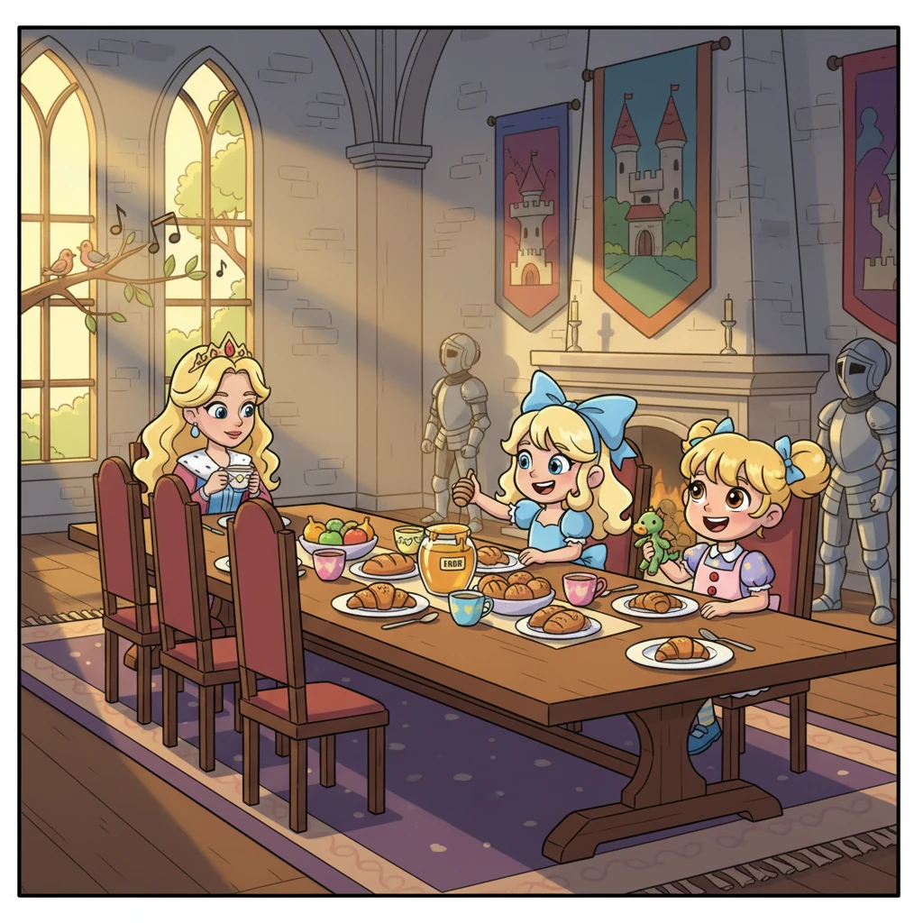 Der große Speisesaal des Schlosses von Lafar erstrahlt im goldenen Morgenlicht. Der Duft von frischen Brötchen und Honig erfüllt die Luft, während draußen Vögel zwitschern. Am langen Tisch sitzen die drei Prinzessinnen Lexy, Leny und Lena mit ihren strahlend blonden Haaren und blauen Augen, bereit für den Tag. Königin Nisa sitzt ruhig am Kopfende, ihre Blicke sanft.