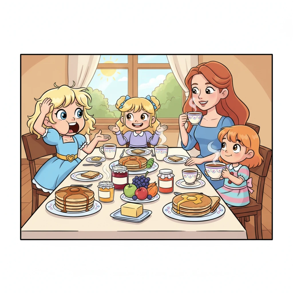 Lexy, mit vollem Mund, versucht gleichzeitig zu sprechen und ihre Haare zu ordnen, während sie Leny um die Butter bittet. Leny ermahnt sie liebevoll, zuerst zu schlucken, während die jüngste Lena leise kichert und ihre Tasse festhält. Lena fragt schüchtern, ob Papa noch schläft, und Königin Nisa erklärt, er sei lange bei den Ratsleuten gewesen.