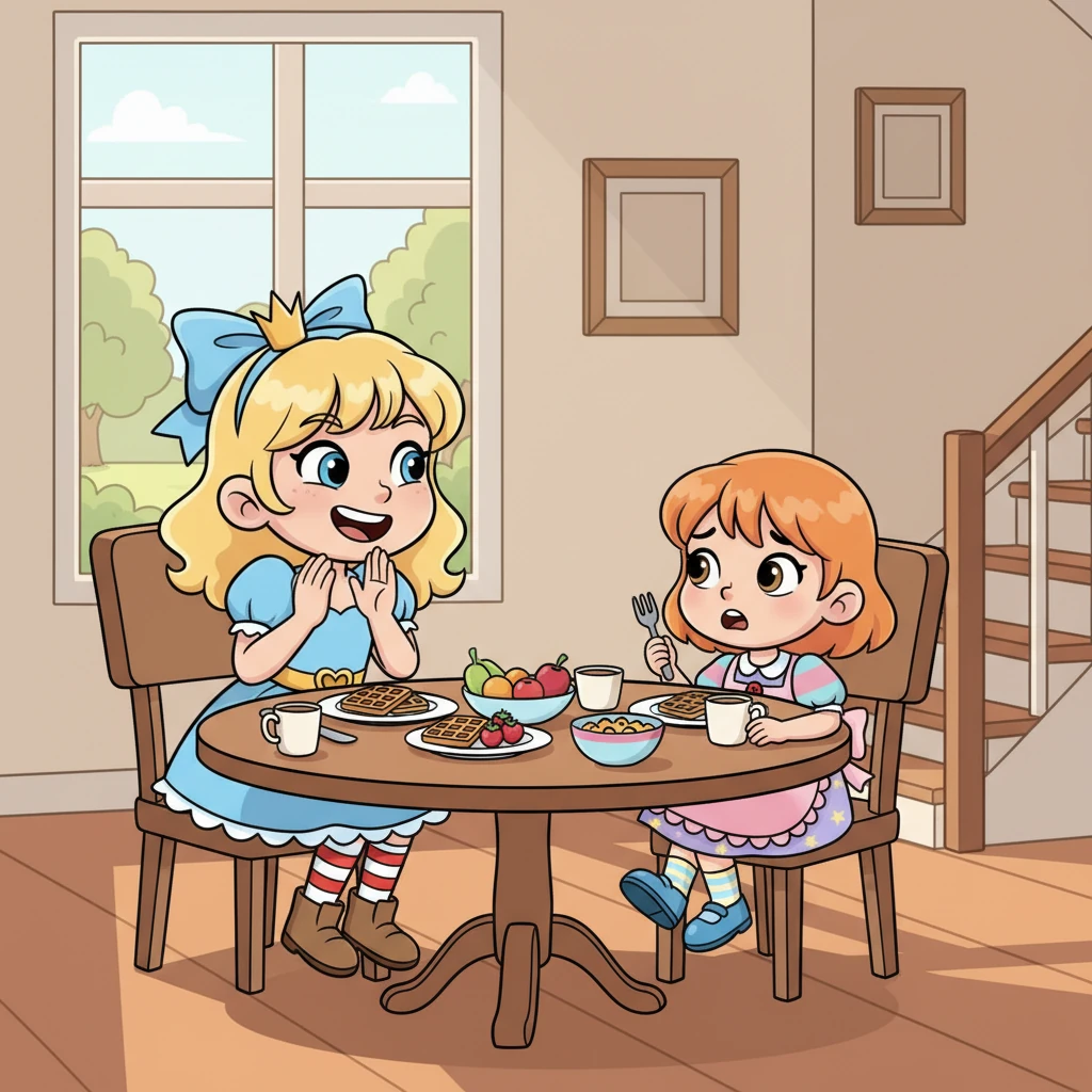 Ein schelmisches Grinsen huscht über Lexys Gesicht. Sie flüstert, dass dies der perfekte Tag sei, und reibt sich aufgeregt die Hände. Leny, sofort misstrauisch, legt ihre Gabel weg und bittet Lexy, ihren Vater schlafen zu lassen. Lena blickt erschrocken zu ihrer älteren Schwester auf, ahnend, was Lexy vorhat.