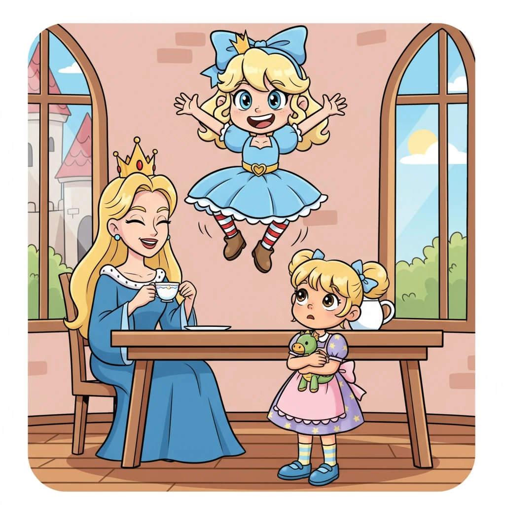 Lexy springt von ihrem Stuhl und verkündet stolz, dass sie den "königlichen Weckdienst" persönlich übernehmen wird. Lena fragt ängstlich, ob sie wieder auf den König springen will, und Lexy grinst nur. Königin Nisa hebt amüsiert eine Augenbraue, verbirgt aber ihr Lachen hinter ihrer Tasse.