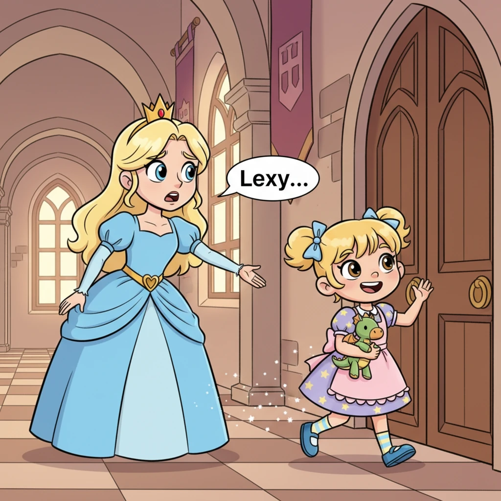 Königin Nisa versucht, Lexy mit einem mütterlichen "Lexy..." zurückzuhalten, doch es ist zu spät. Lexy schleicht sich bereits leise davon, ruft über die Schulter, dass sie gleich mit einem wachen Papa zurück sein wird, und verschwindet in Richtung der königlichen Gemächer, ein triumphierendes Grinsen im Gesicht.