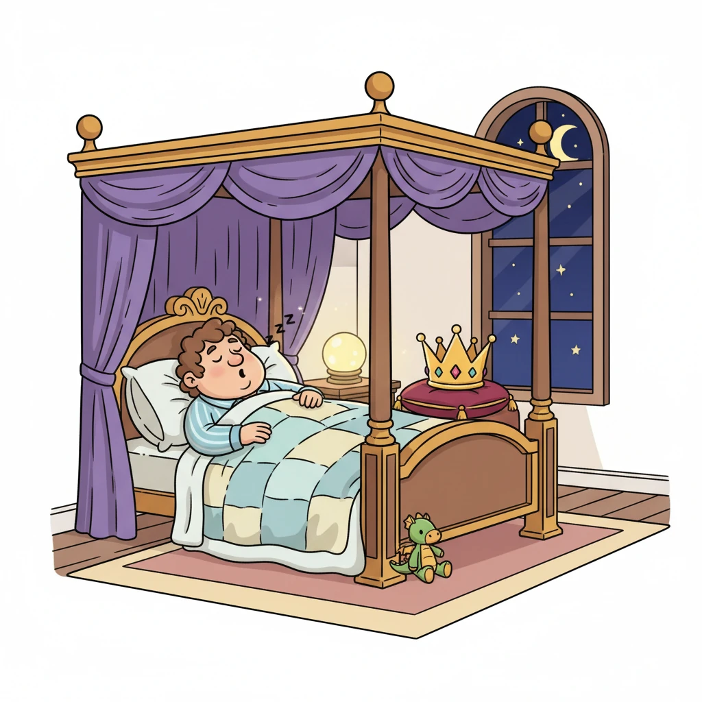 Im königlichen Schlafgemach schnarcht König Nils friedlich in seinem großen, prächtigen Bett. Seine goldene Krone ruht ordentlich auf einem Samtkissen neben ihm. Nach einem langen Tag voller Beratungen genießt er endlich die wohlverdiente Ruhe, eingekuschelt in weiche Decken.