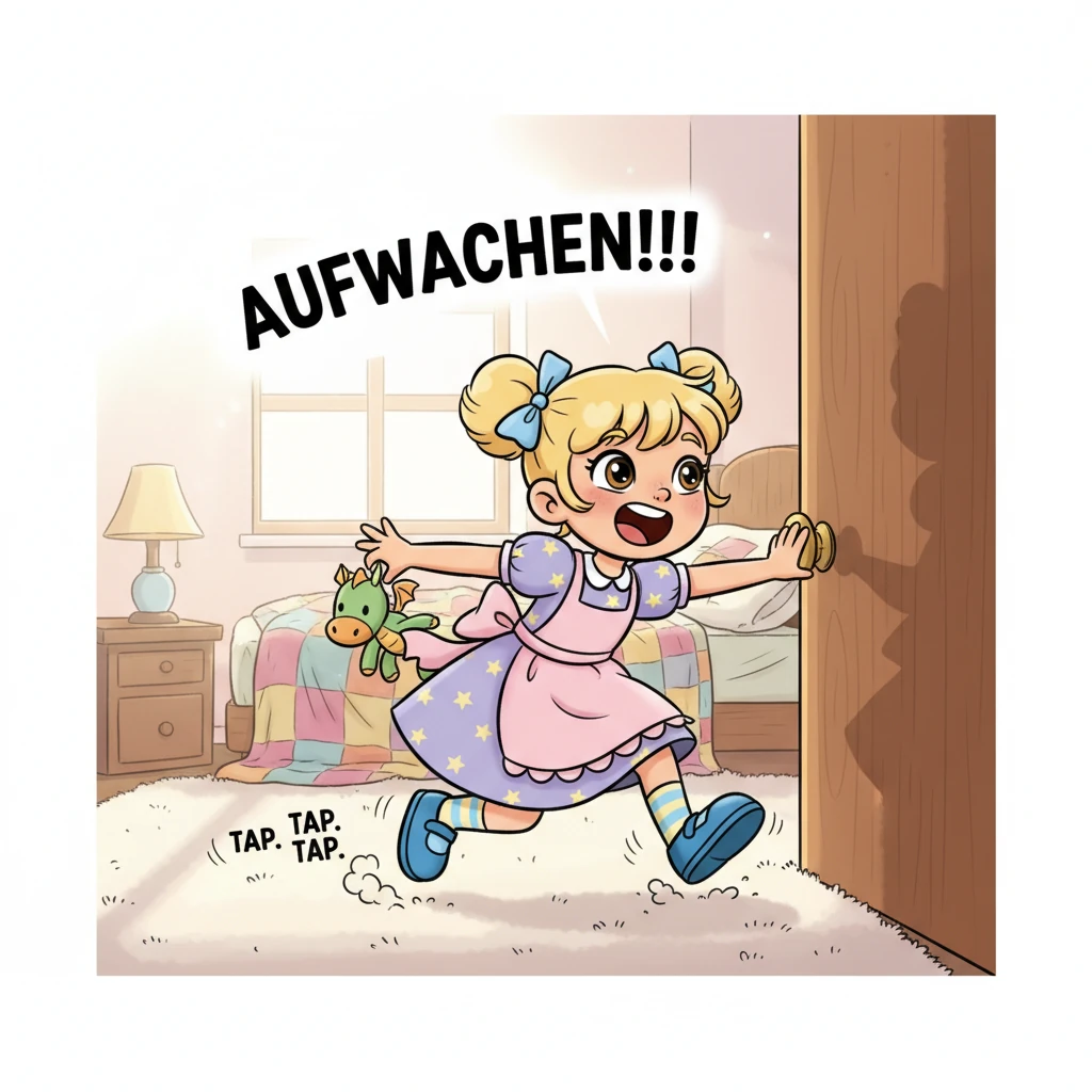 Plötzlich durchbrechen leise, trippelnde Schritte auf dem dicken Teppich die Stille des Zimmers – TAP. TAP. TAP. Ein geräuschloses, breites Grinsen huscht durch die Tür. Dann, mit einem lauten, fröhlichen Ruf, bricht die Ruhe: "AUFWACHEN!!!"