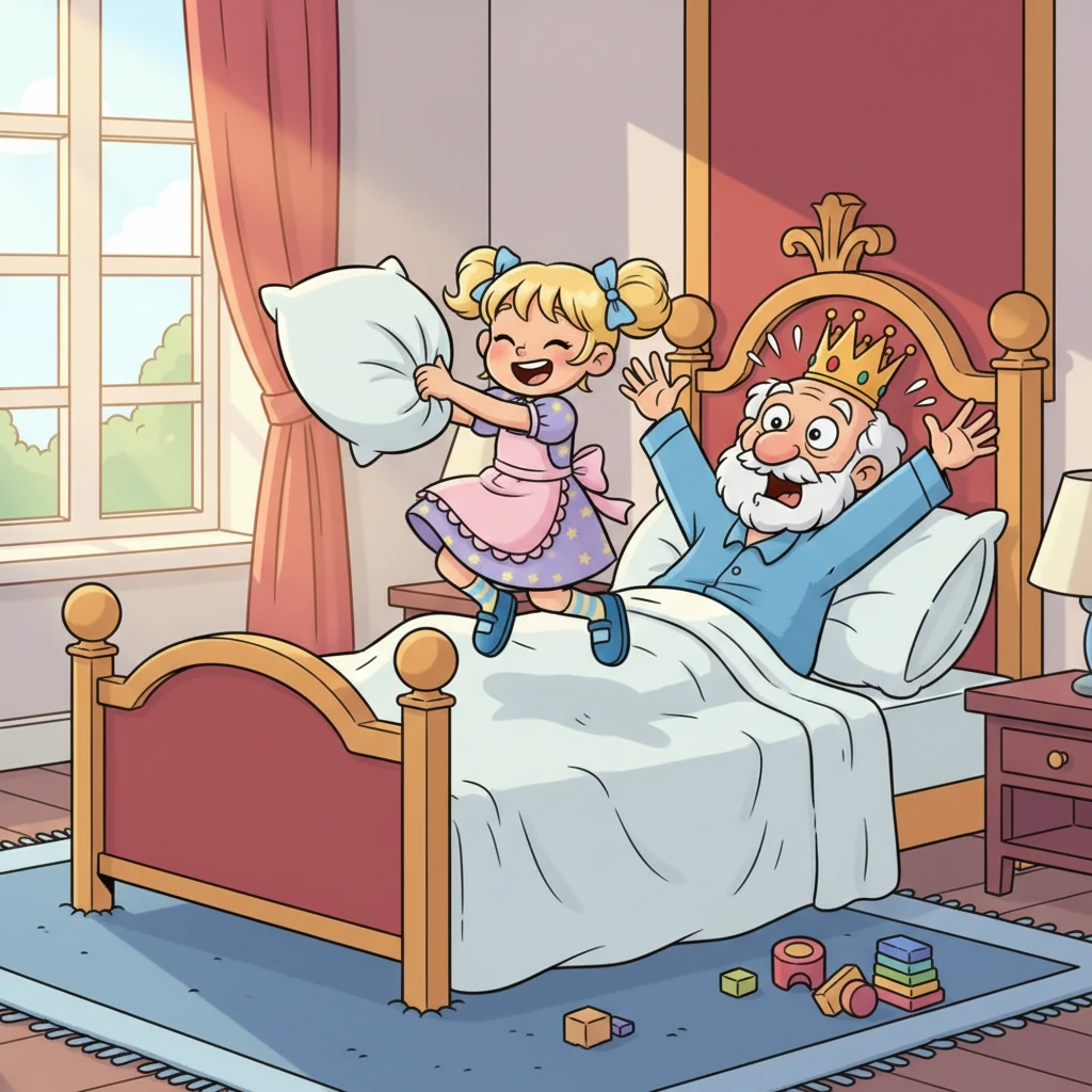 Mit einem lauten "WAAAH!" reißt König Nils die Augen auf, als Lexy mit voller Kraft direkt auf sein Bett springt und auf seinem Bauch landet. Er rudert mit den Armen, während Lexy lachend auf ihm sitzt und ihm ein Kissen ins Gesicht wirft. Der königliche Weckdienst ist in vollem Gange!